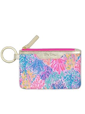 Lilly Pulitzer Vibrant Coral Reef Print Wristlet Key Pouch with Gold Trim